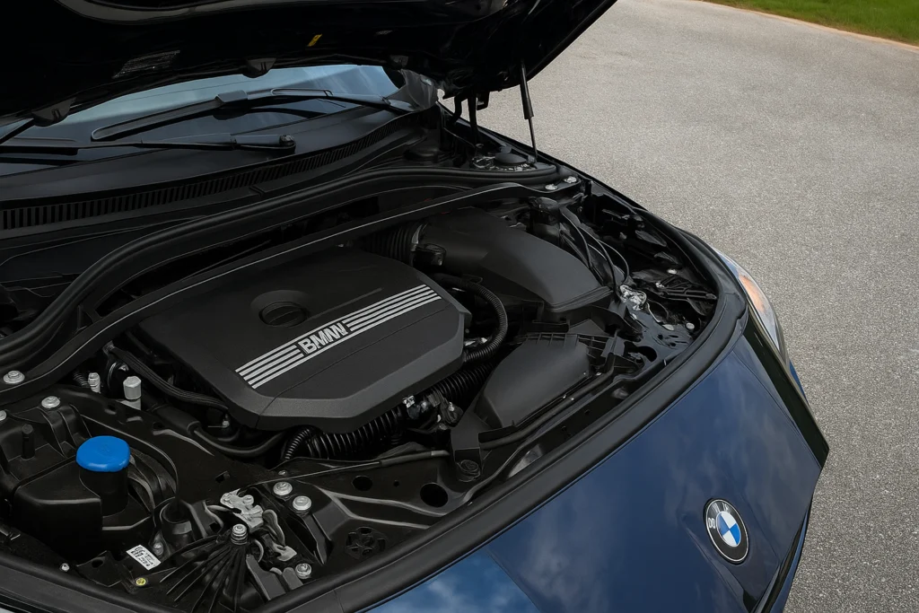 2025 BMW 228 Gran Coupe engine bay showing 2.0L turbo engine