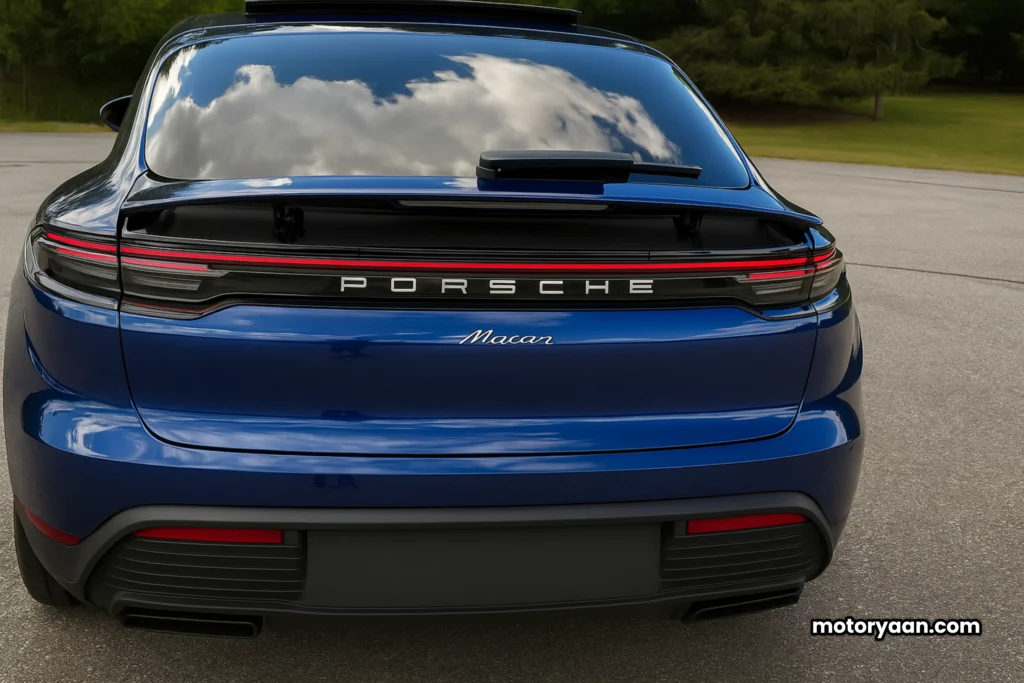 Close-up of 2025 Porsche Macan EV LED taillights and Porsche branding