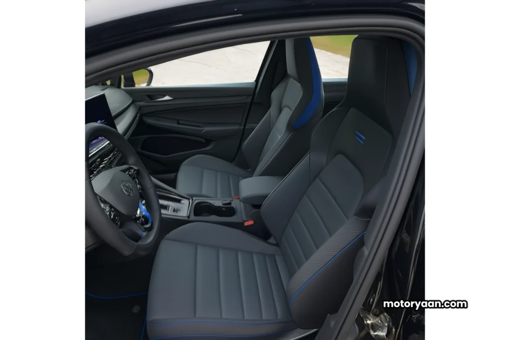 2025 Volkswagen Golf R Black Edition front interior with dashboard, steering wheel, and seats visible