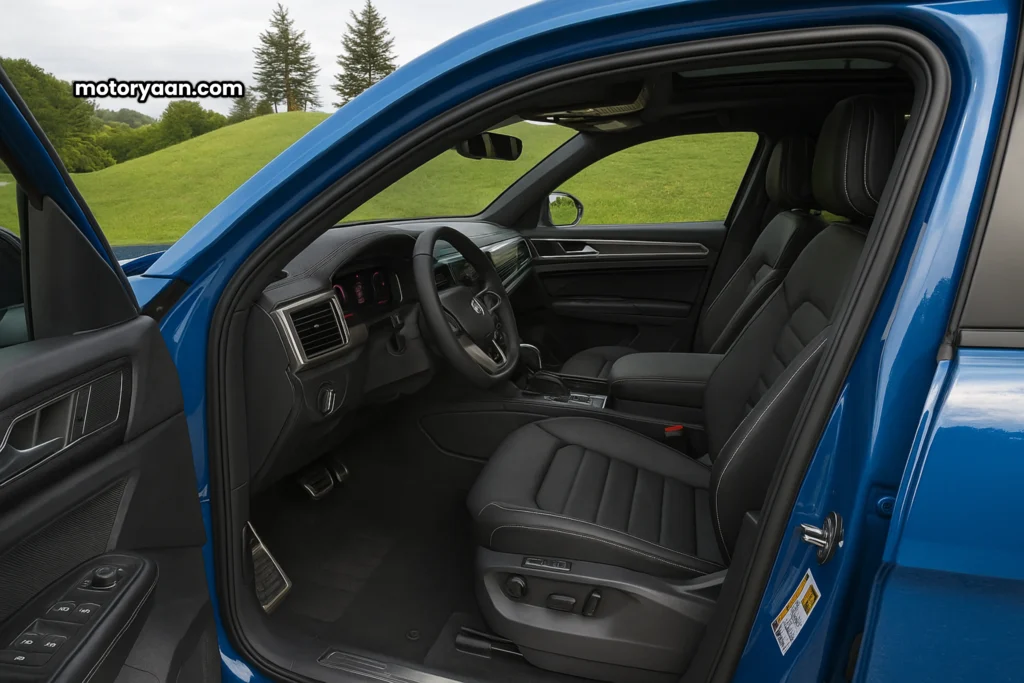 2025 Volkswagen Atlas Cross Sport front interior with dashboard, steering wheel, and front seats