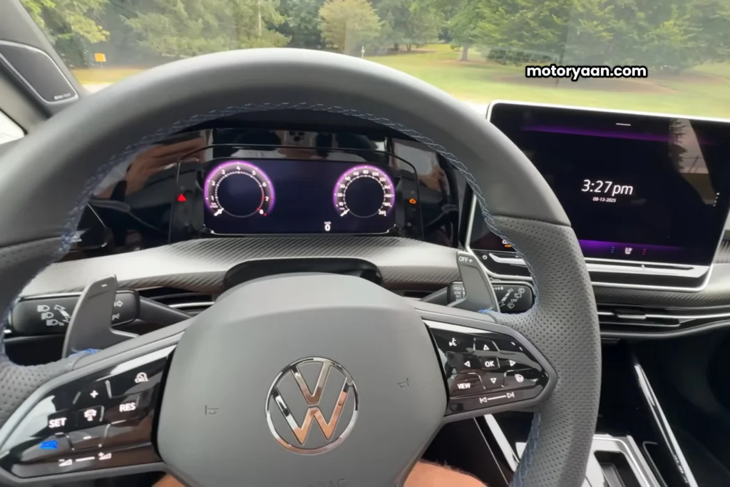 2025 Volkswagen Golf R Black Edition dashboard with infotainment touchscreen, steering controls, and digital cluster