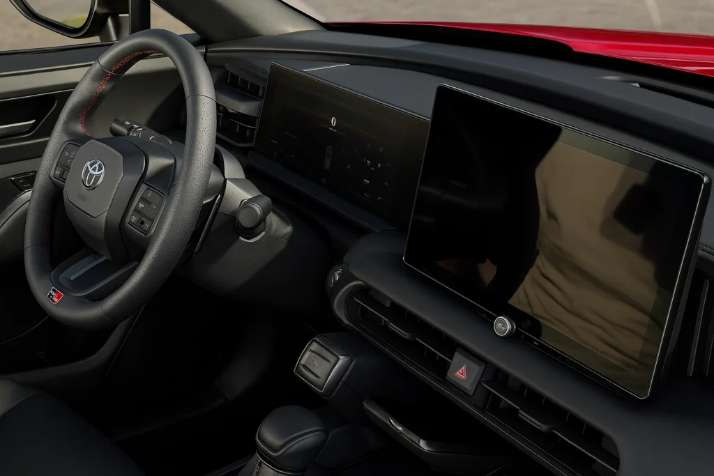2026 Toyota RAV4 GR Sport front interior with steering, instrument cluster, and infotainment