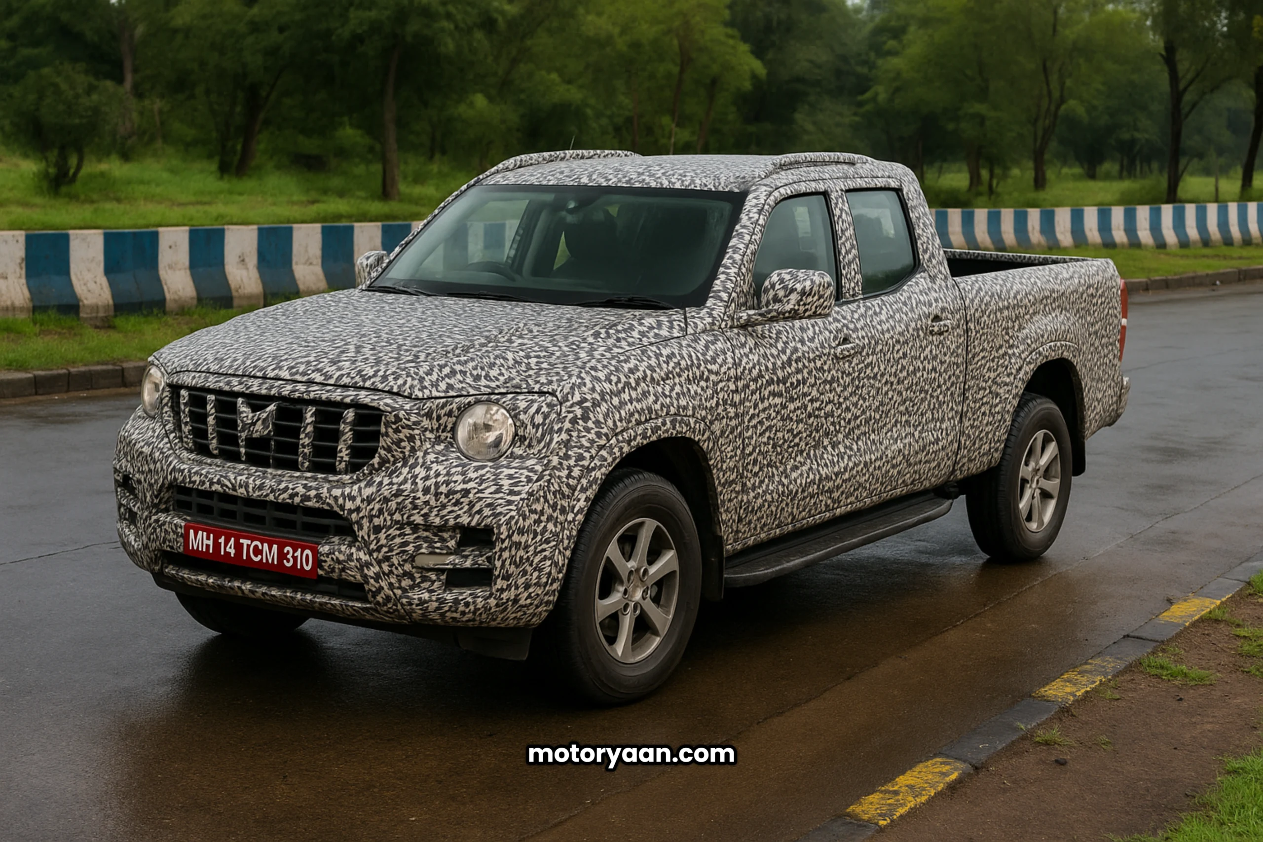 mahindra scorpio n pickup spotted testing front and side profile with camouflaged body design