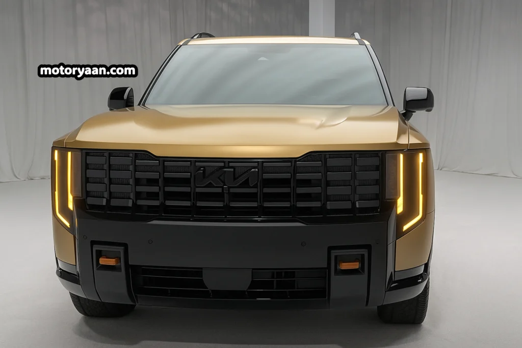2027 Kia Telluride front profile showing redesigned grille and LED headlights