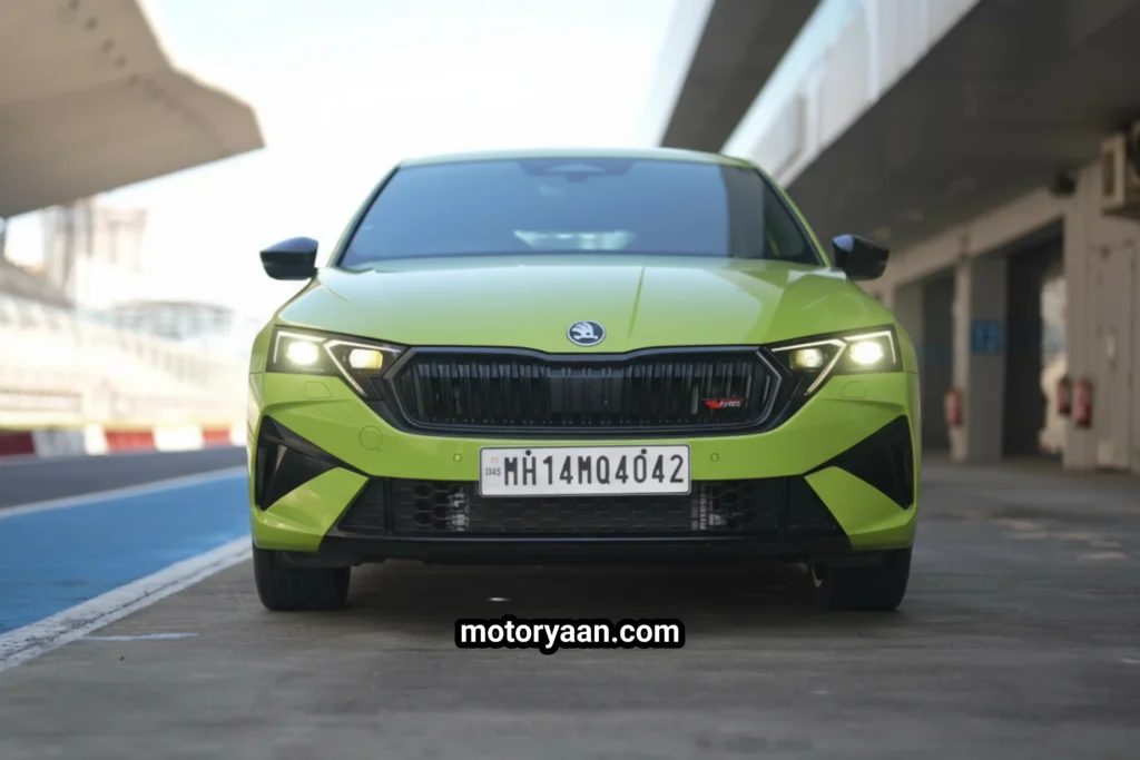 2025 Skoda Octavia RS Facelift front profile with Matrix LED headlights and black grille