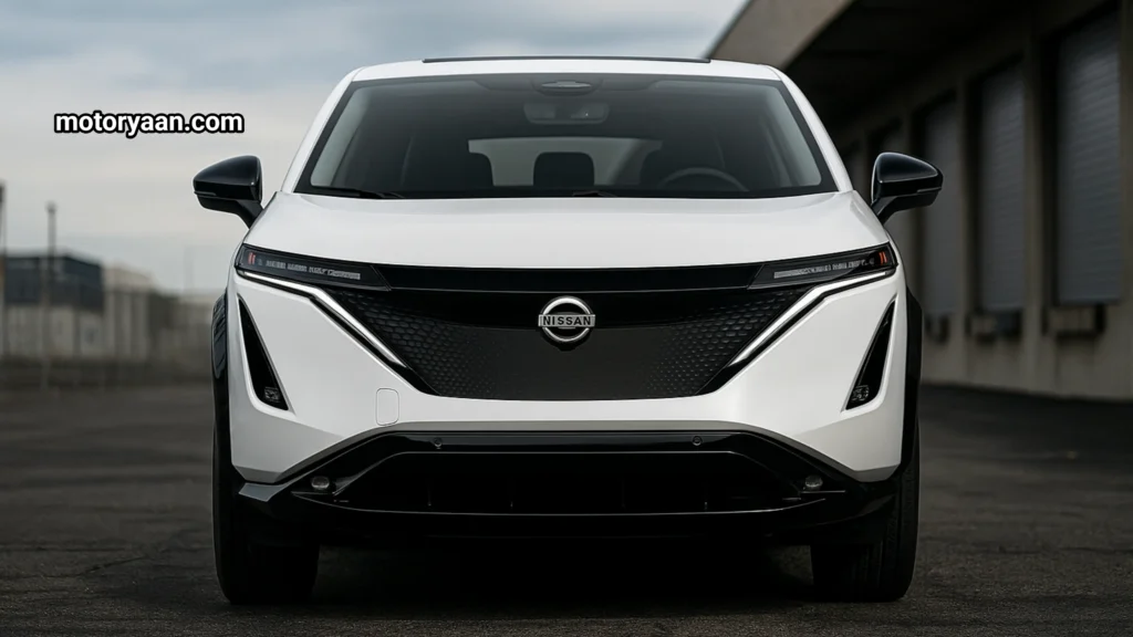 2025 Nissan Ariya Platinum Plus front profile showcasing LED headlights, bold grille, and premium EV design.