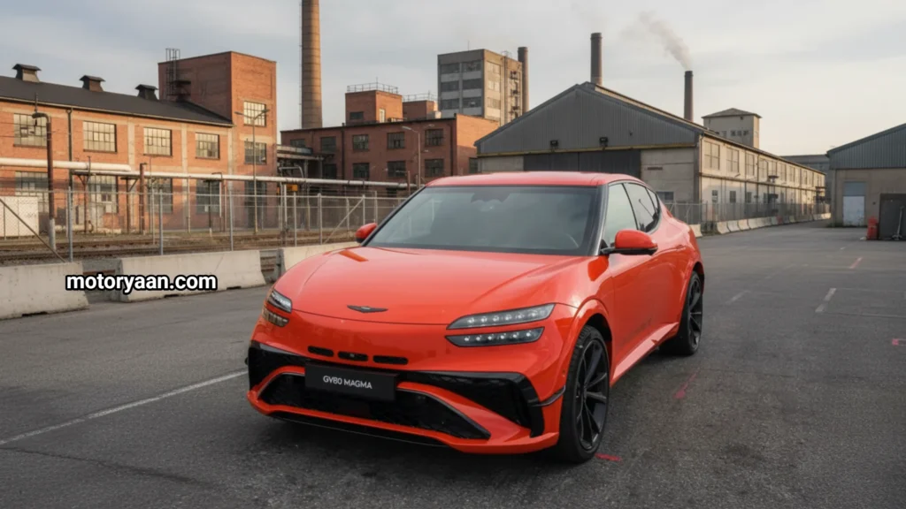 2027 Genesis GV60 Magma front and side profile showing sporty design and Magma Orange finish