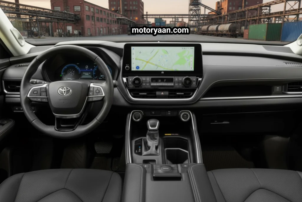 Toyota Grand Highlander Hybrid front interior with seats, dashboard, steering wheel, and infotainment system