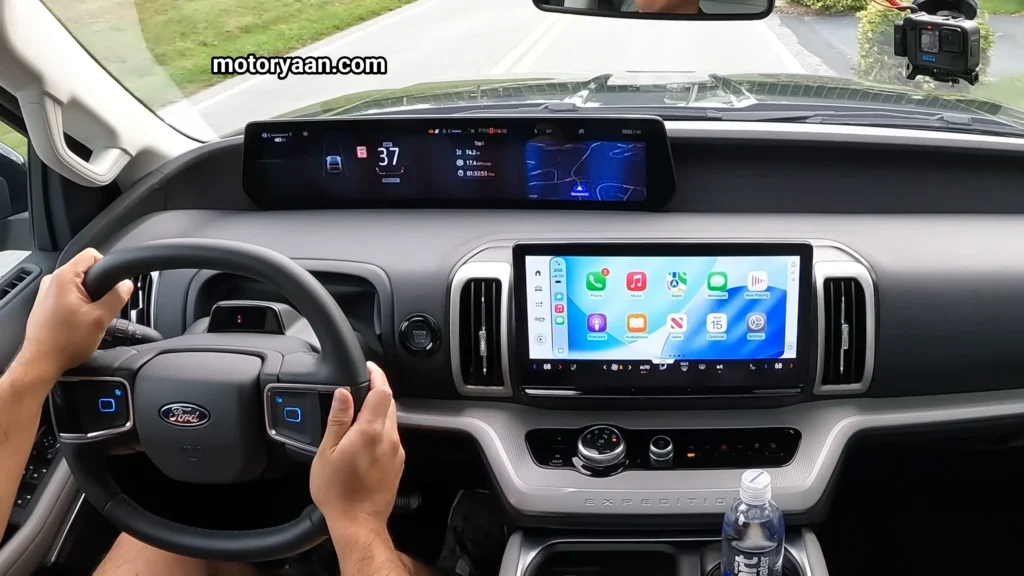 Dashboard, center console, infotainment system, instrument cluster, and steering wheel in the 2025 Ford Expedition Max Review