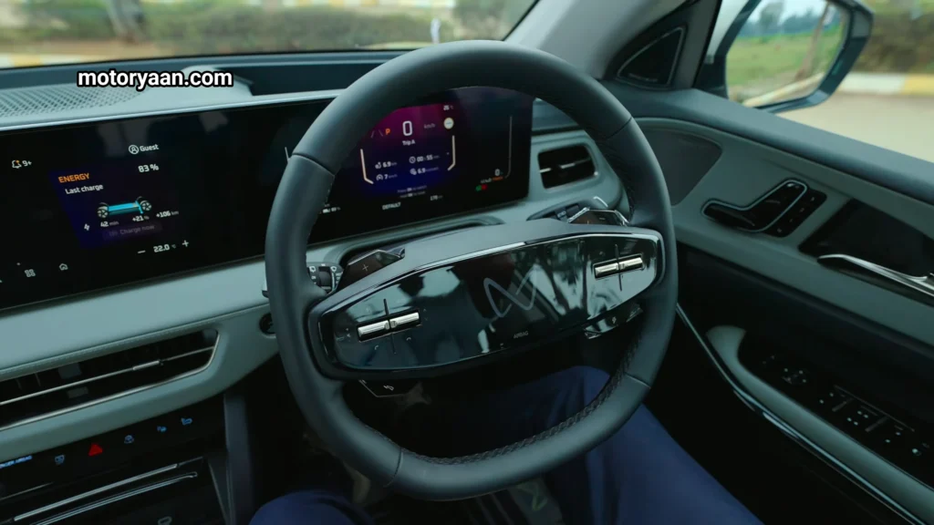 Mahindra XUV 9S Review steering wheel with mounted controls