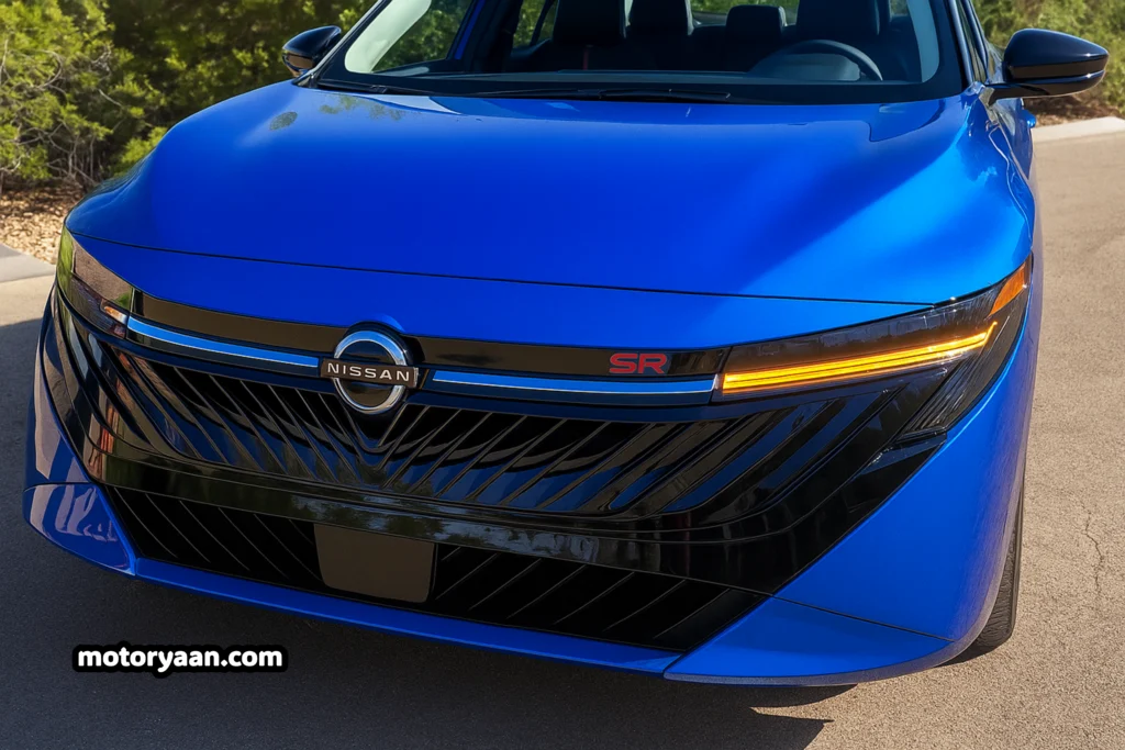 2026 Nissan Sentra SR close-up front fascia showing grille design and LED lighting.