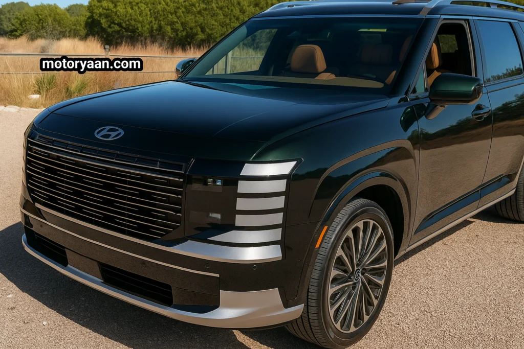 2026 Hyundai Palisade Hybrid front profile close-up with LED headlamps and grille