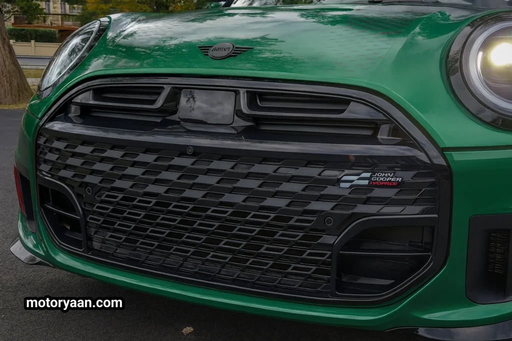 Close-up of 2025 Mini Cooper JCW front profile with LED headlights