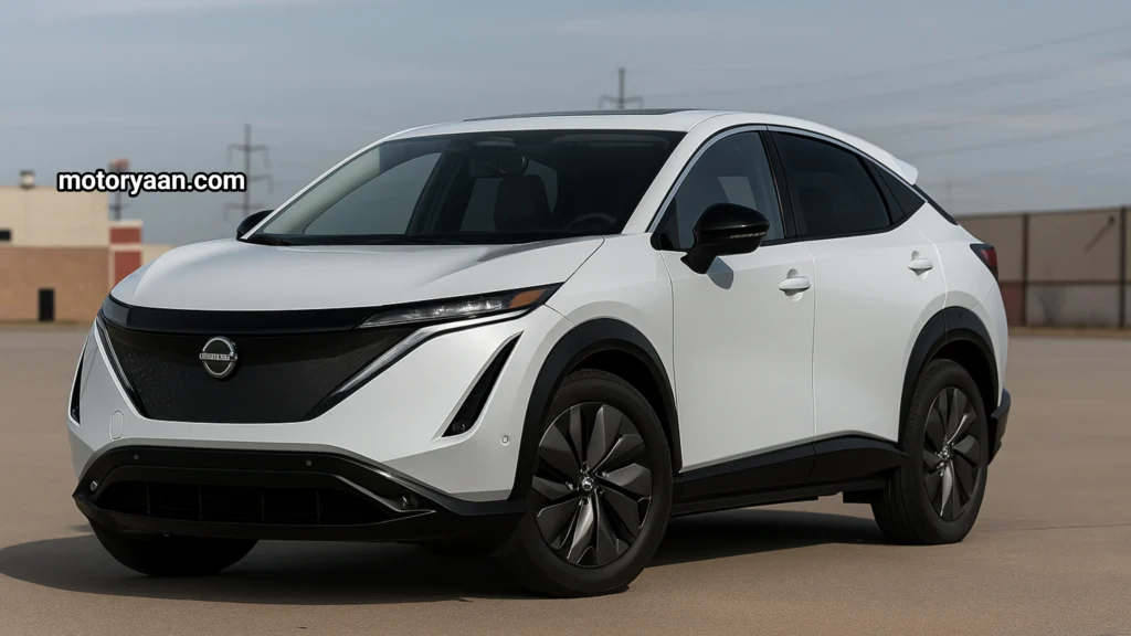 2025 Nissan Ariya Platinum Plus front and side profile showing aerodynamic body lines and premium EV styling.