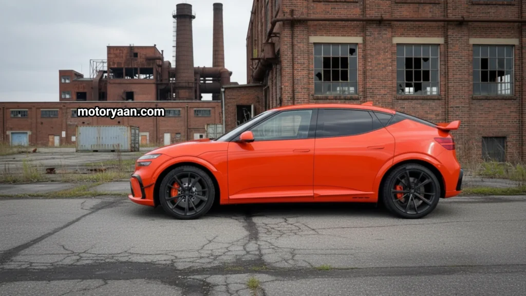 2027 Genesis GV60 Magma side profile with widened stance and 21-inch forged alloy wheels