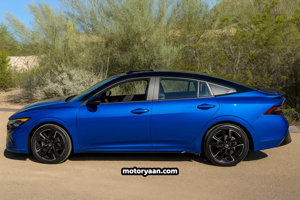 Side profile view of the 2026 Nissan Sentra SR featuring alloy wheels and sleek body lines.