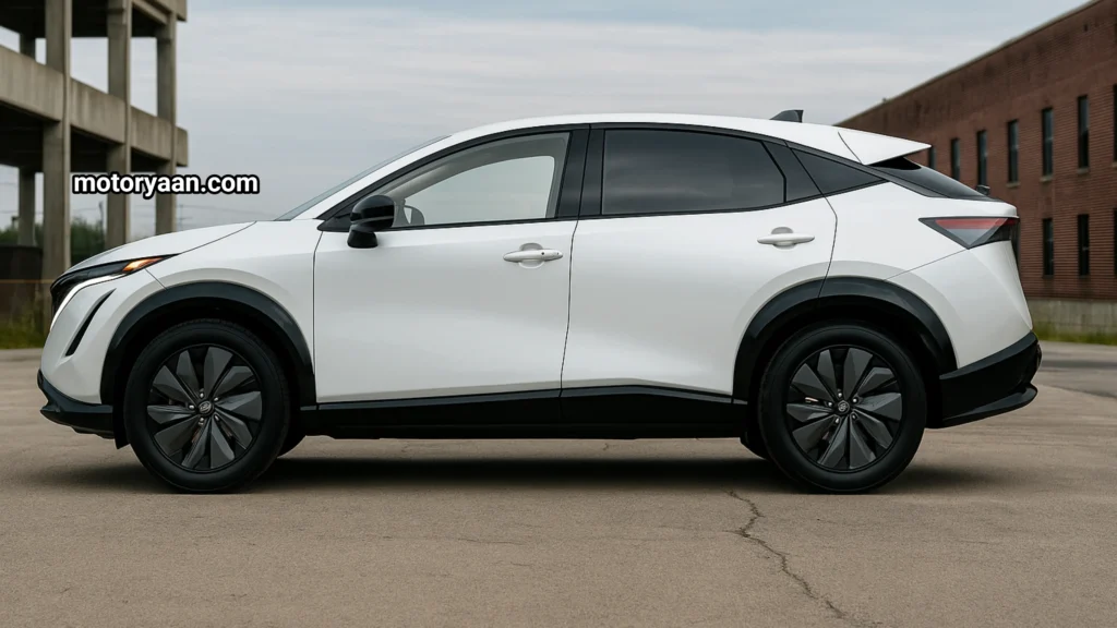 2025 Nissan Ariya Platinum Plus side profile with clean character lines, alloy wheels, and sculpted EV body.