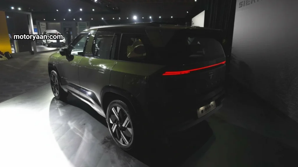 2025 Tata Sierra Accomplished Plus rear and side view with slim LED tail lights and sporty design.