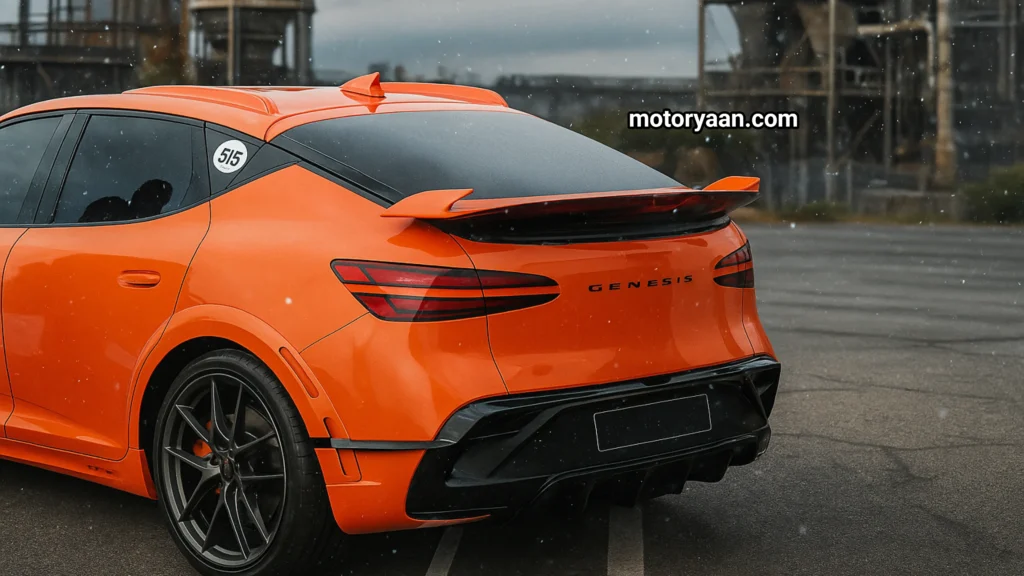 2027 Genesis GV60 Magma rear and side profile with winglet spoiler and aggressive diffuser