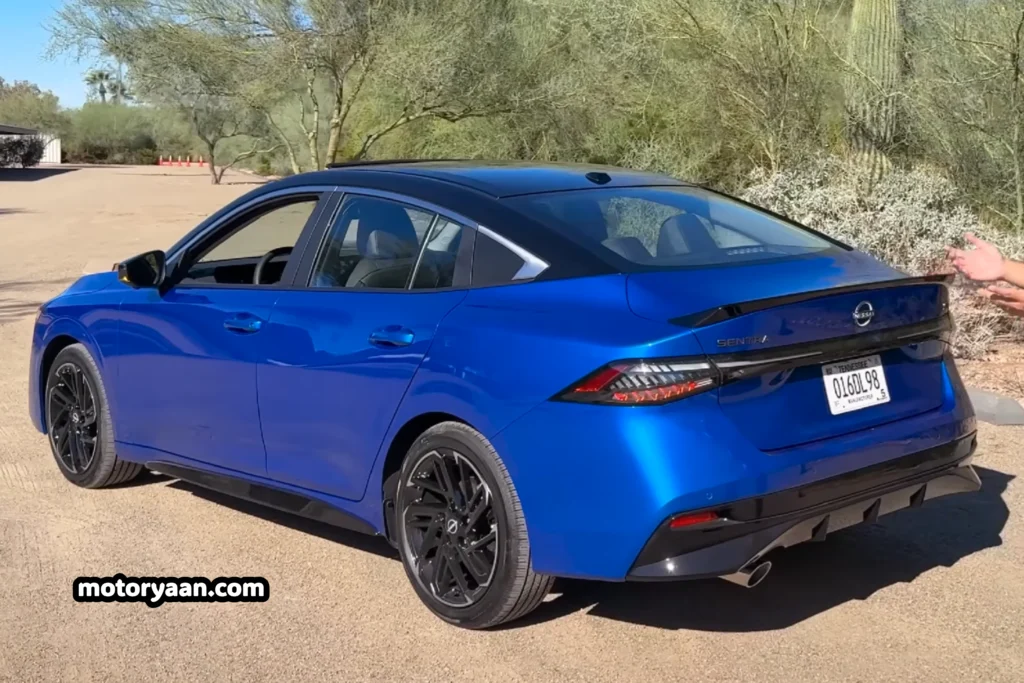 Rear profile of the 2026 Nissan Sentra SR showing LED tail lamps and bumper styling.