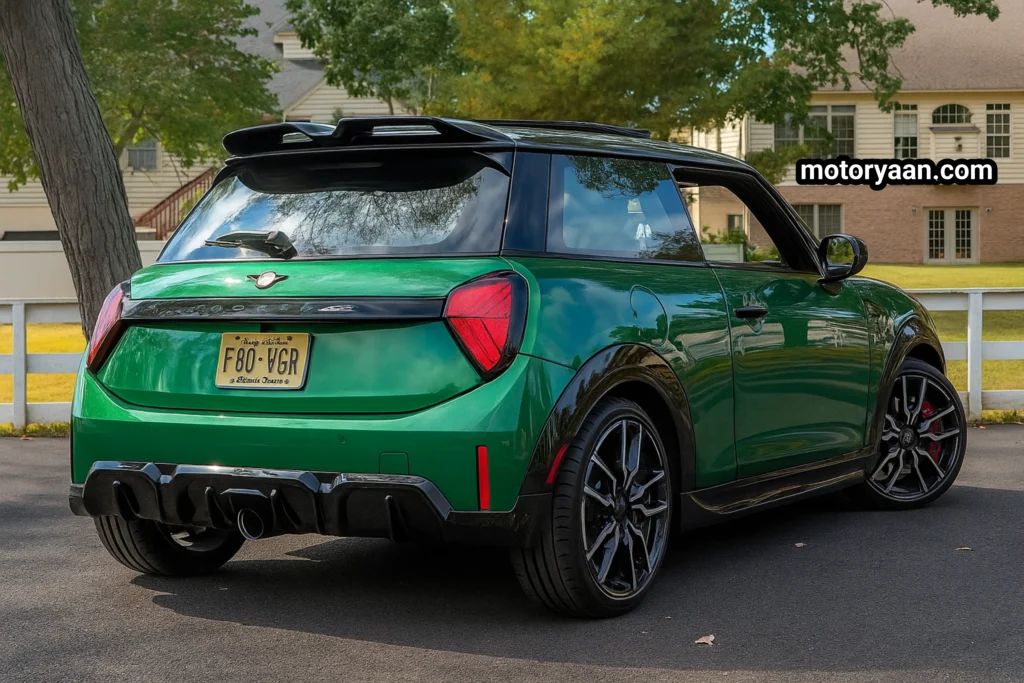2025 Mini Cooper JCW side and rear profile showing spoiler and tail design
