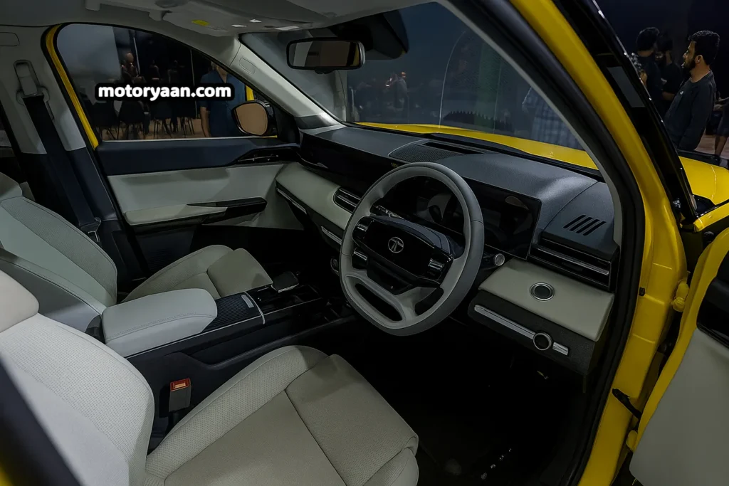 Tata Sierra Design Showcase front interior with dashboard, center console, and front seats