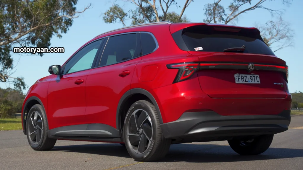 MG S5 EV Detailed Review side and rear profile highlighting the taillights and body shape.