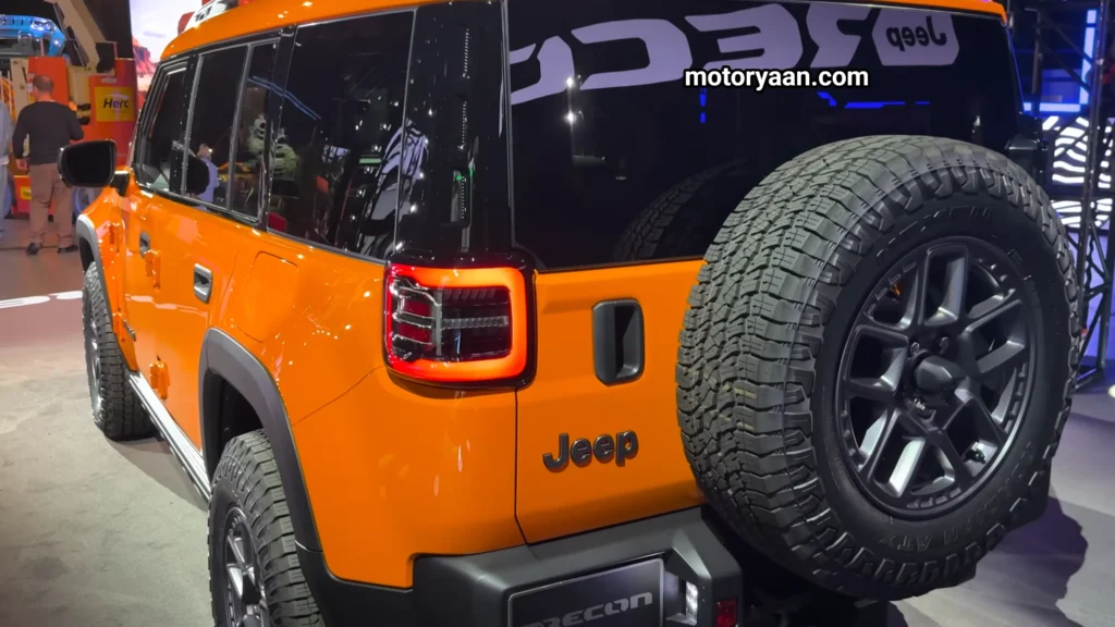2026 Jeep Recon Moab First Look side and rear angle showcasing LED tail lights and boxy EV design