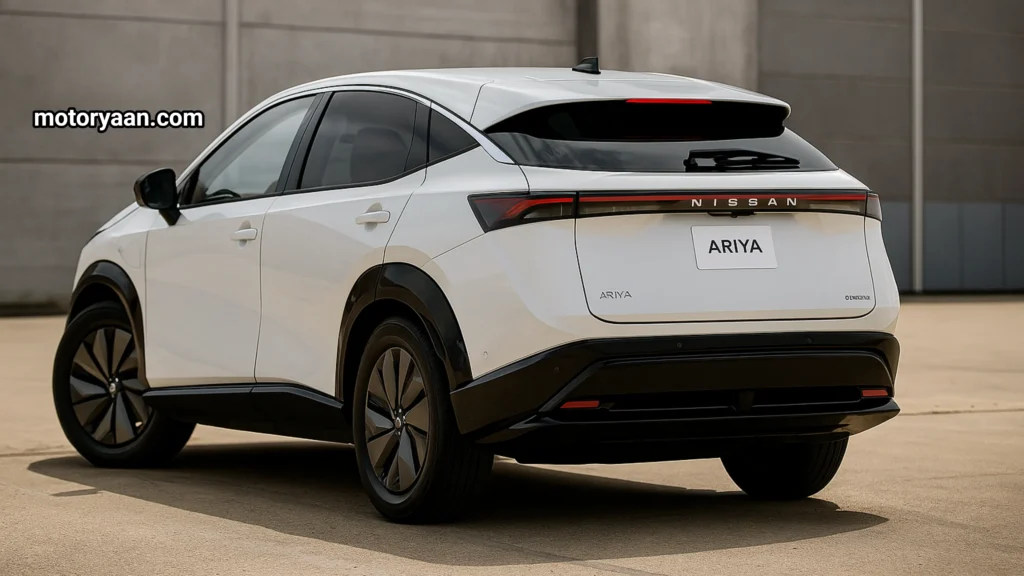 2025 Nissan Ariya Platinum Plus side and rear profile with LED tail-light bar and premium EV stance.