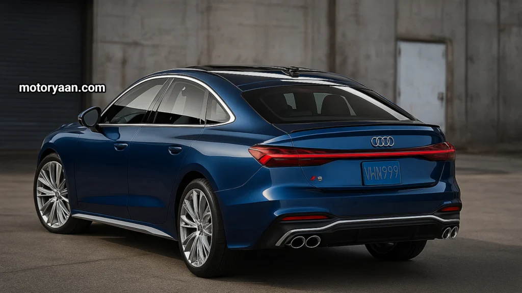side and rear view of 2025 Audi S5 Prestige featuring LED tail lights and sporty rear bumper