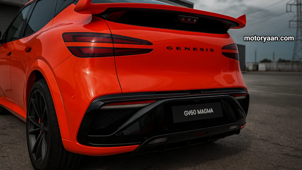 2027 Genesis GV60 Magma rear close-up showing diffuser, taillights, and aerodynamic detailing