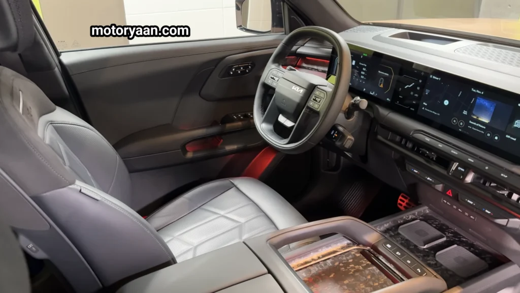 2027 Kia Telluride First Look full front interior with dashboard, infotainment system, steering wheel, center console.