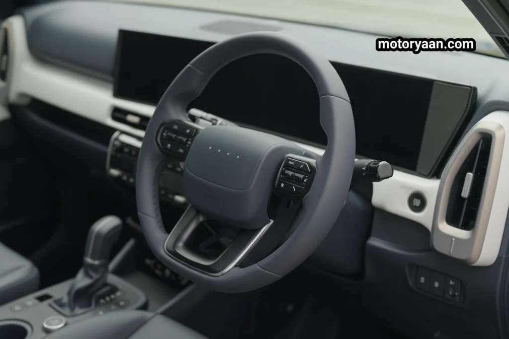 2026 Hyundai Venue Second Generation front interior with steering wheel and steering-mounted controls