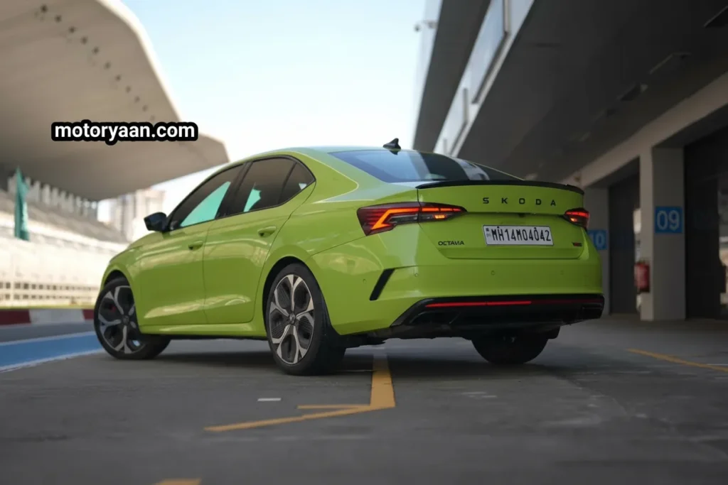 Skoda Octavia RS side and rear profile showing sporty rear design and LED tail lamps
