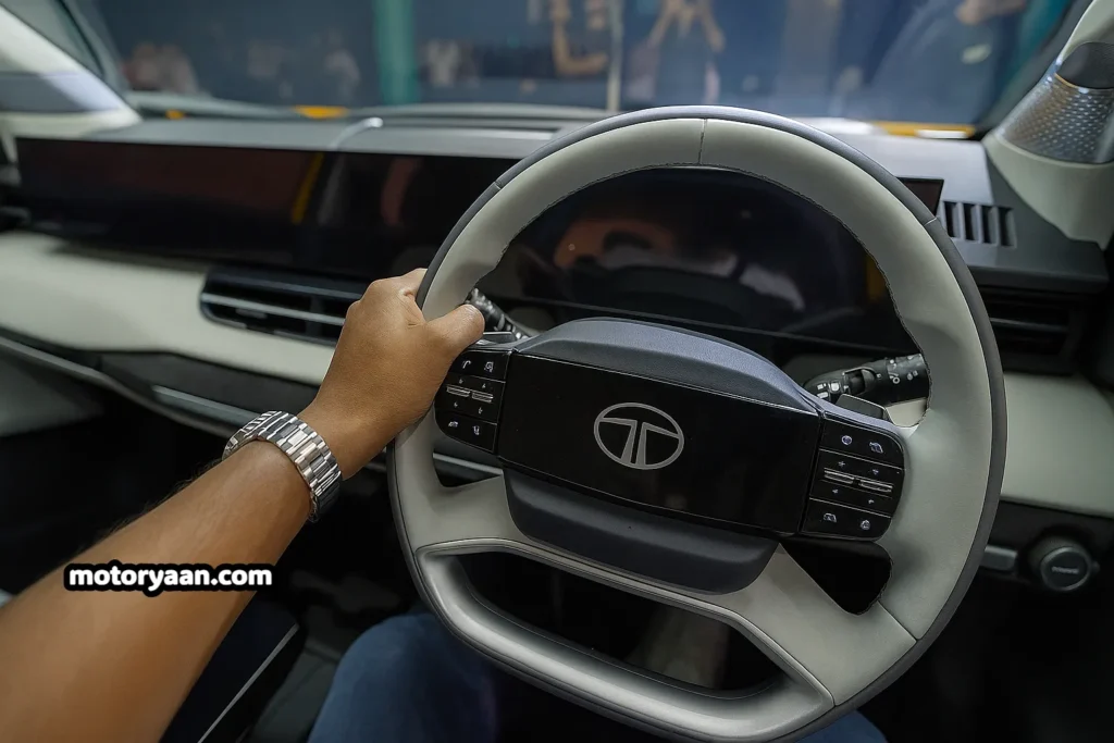 Tata Sierra Design Showcase steering wheel, infotainment system, instrument cluster, and triple-screen layout