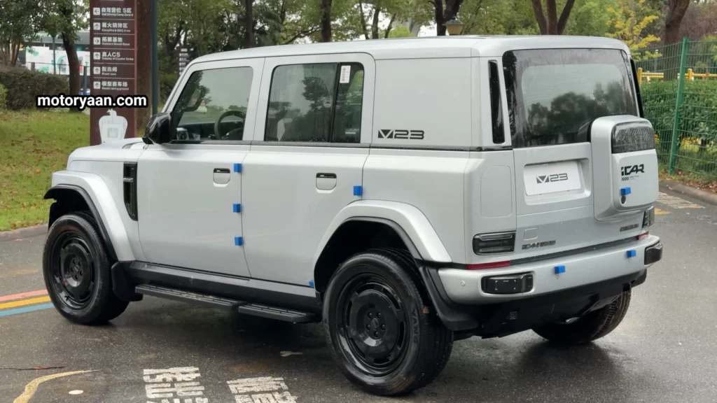 iCar V23 Review side and rear profile showing LED tail lights and tailgate box