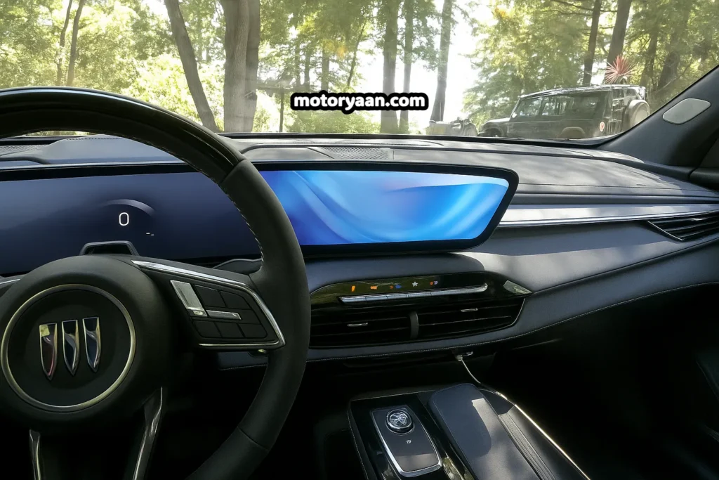 2026 Buick Enclave interior showing steering wheel, instrument cluster, infotainment system, and steering-mounted controls