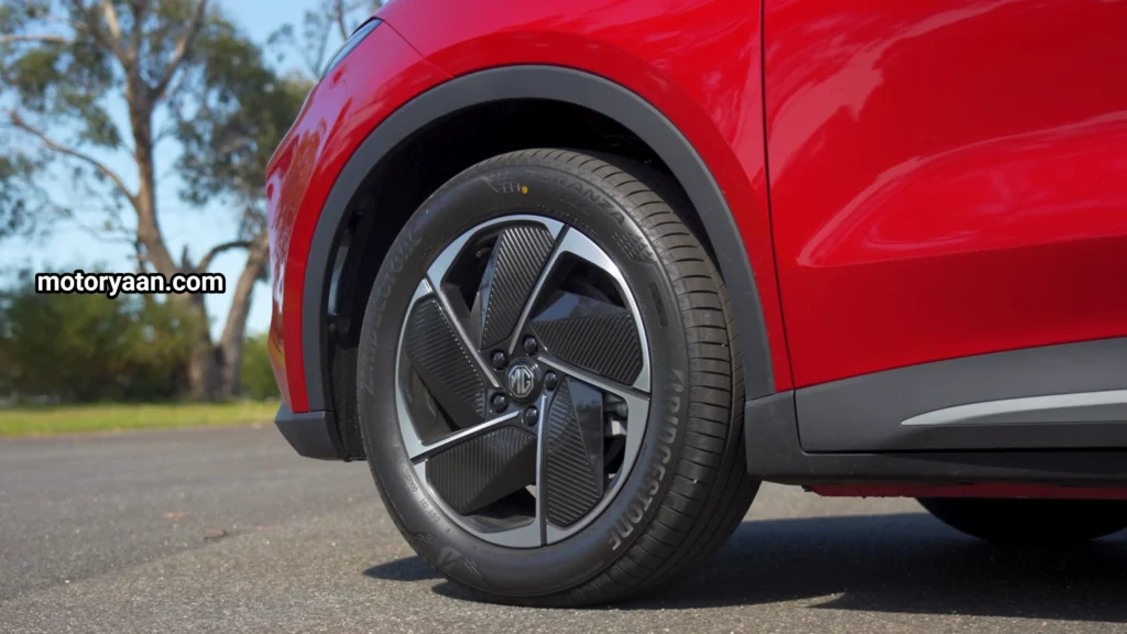 MG S5 EV Detailed Review alloy wheels close-up showing the sporty wheel design.