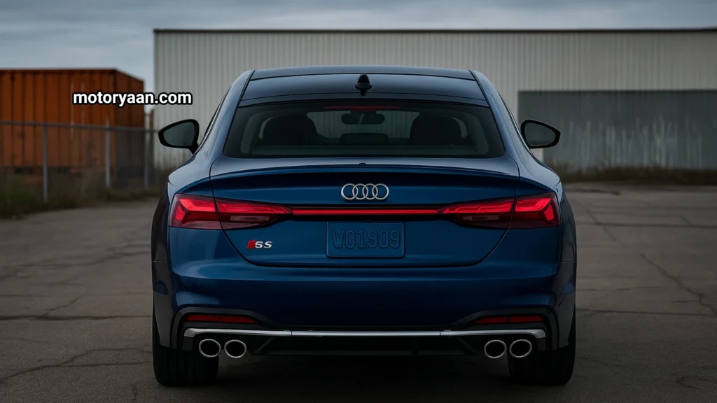 rear view of 2025 Audi S5 Prestige highlighting LED tail lights and dual exhaust design