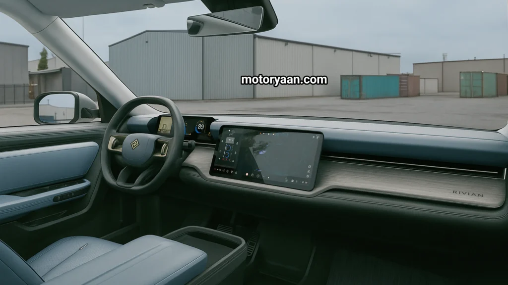 Rivian R2 First Look complete interior with steering wheel, dashboard, infotainment system, and center console