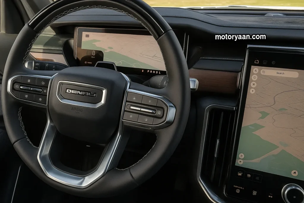 2026 GMC Acadia Denali Ultimate steering wheel with steering mounted controls and premium finish