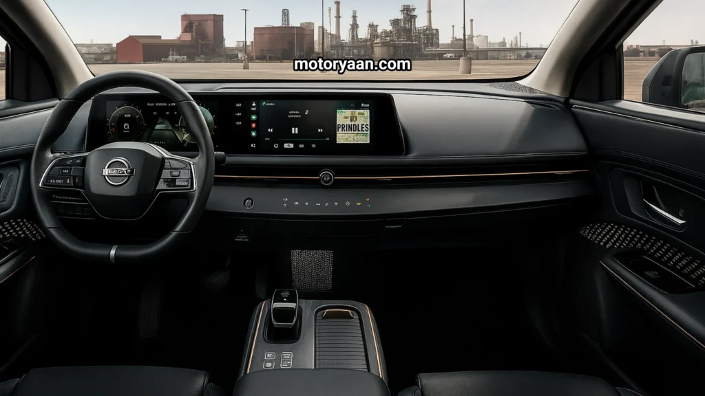 2025 Nissan Ariya Platinum Plus interior showing dashboard, digital instrument cluster, infotainment system, steering wheel, and center console.
