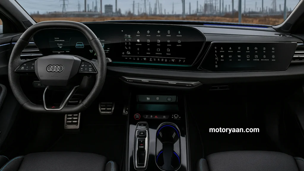 interior of 2025 Audi S5 Prestige with steering wheel, digital instrument cluster, infotainment system, and center console screen