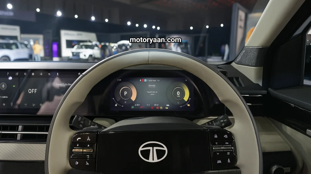 2025 Tata Sierra Accomplished Plus digital instrument cluster and leather-wrapped steering wheel.