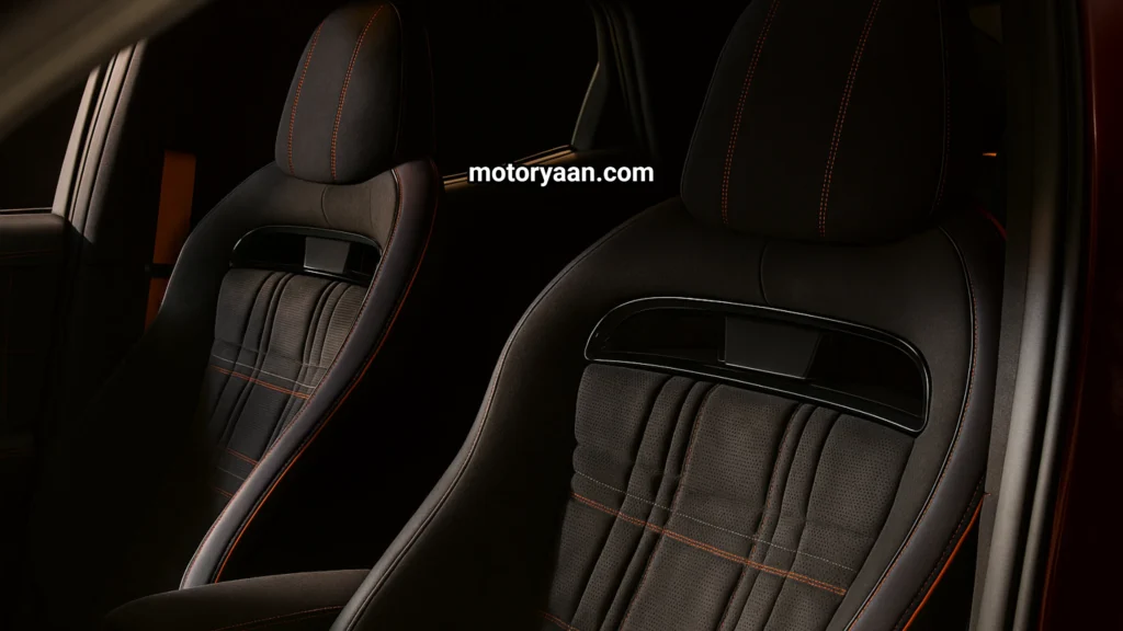 2027 Genesis GV60 Magma front sport bucket seats with Alcantara and orange stitching