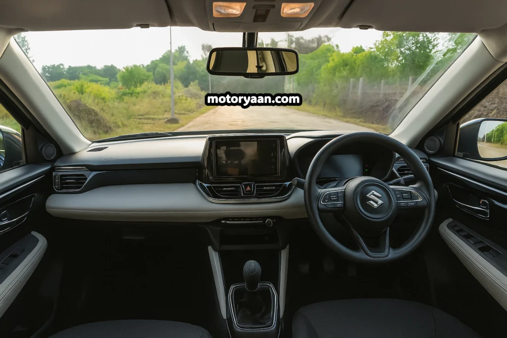 2025 Maruti Victoris ZXI interior with dashboard, steering controls, infotainment system, and instrument cluster