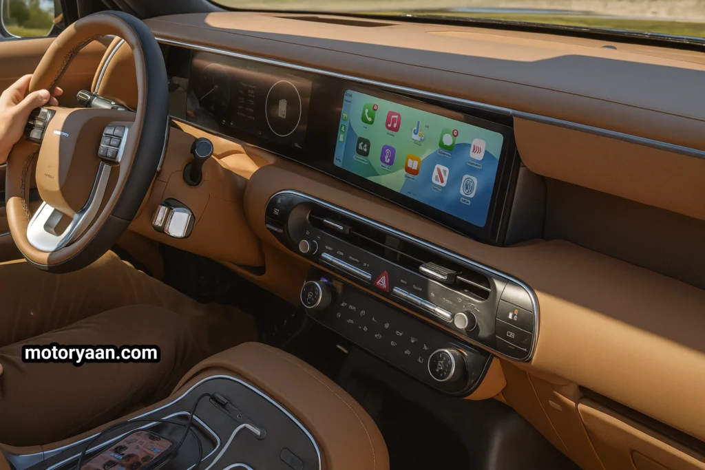 2026 Hyundai Palisade Hybrid interior with steering wheel, controls, and infotainment display