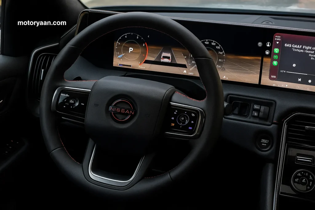 2025 Nissan Armada Pro-4X interior dashboard with steering wheel, mounted controls, and instrument cluster