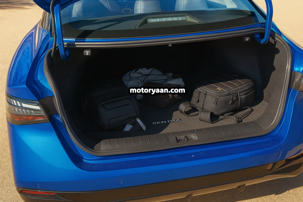 2026 Nissan Sentra SR boot space with open trunk showing cargo capacity.