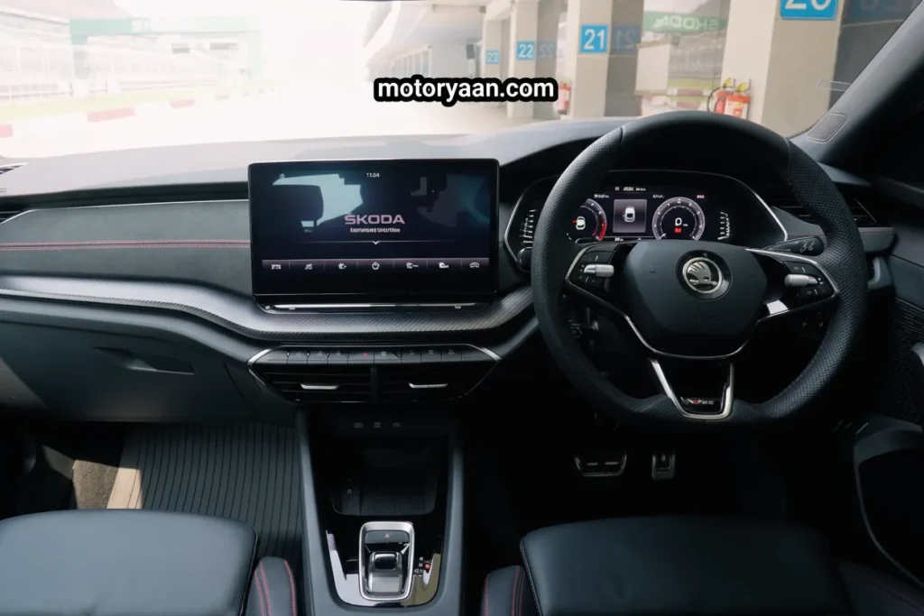 2025 Skoda Octavia RS Facelift full front cabin with steering controls, digital cluster, and center console